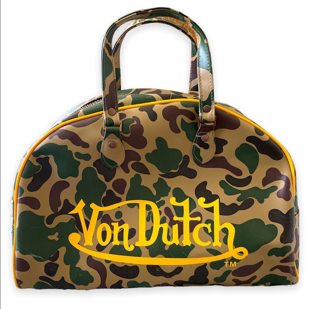VON DUTCH rare vintage multicolor camouflage Bowling handbag, CarryOn tote